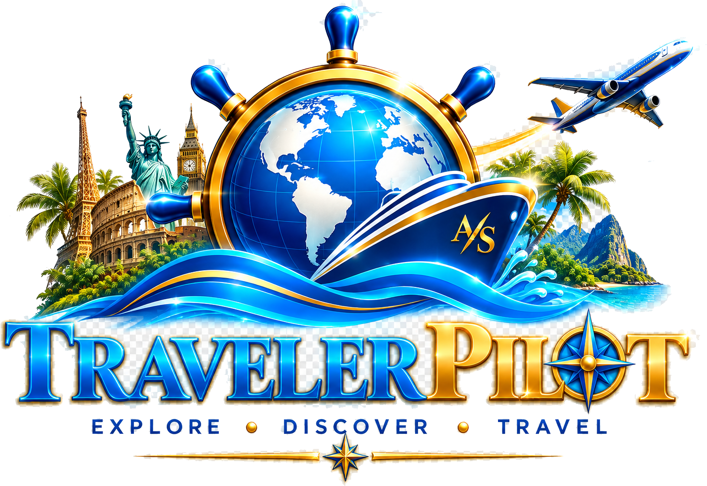 TravelerPilot logo with world famous landmarks collage background